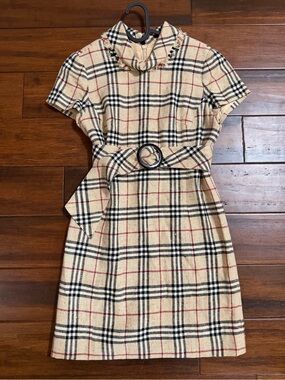 Plaid Short Sleeve Belted Dress in Beige